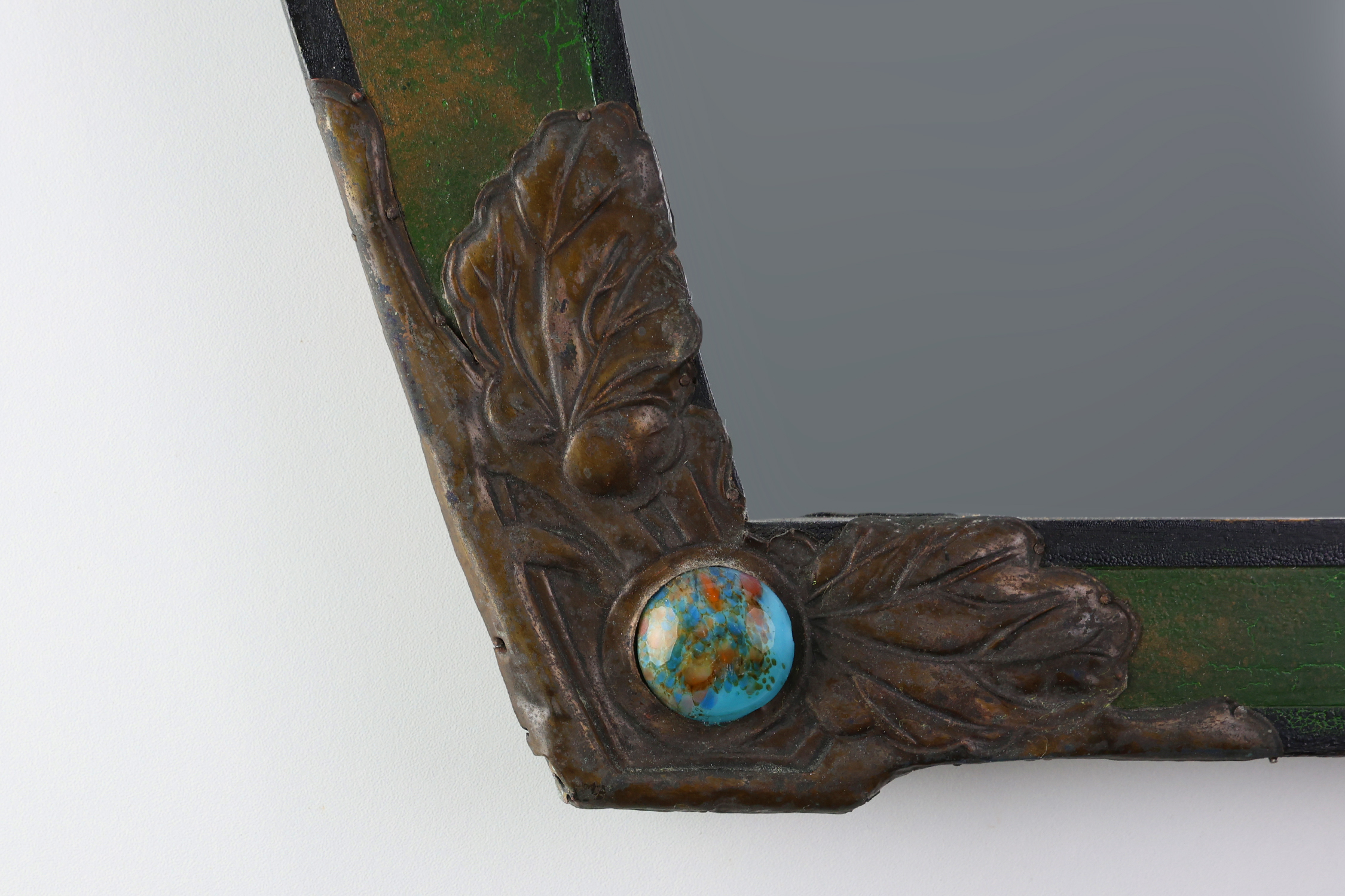 Arts & Crafts Mirror in green metal with glass decoration, France ca. 1905 thumbnail